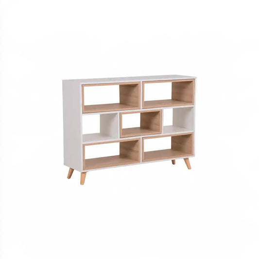 Libreria bassa bianca e marrone chiaro con vani geometrici
