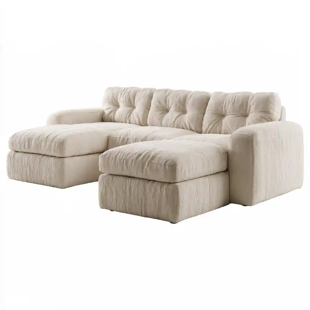 Divano beige con due sedute allungate e rivestimento a coste