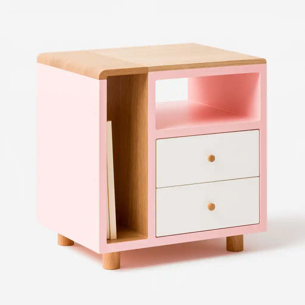 Mobiletto rosa e bianco con due cassetti e vani a giorno