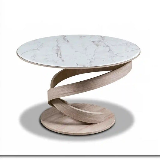 Tavolino rotondo con piano bianco venato e base a spirale marrone