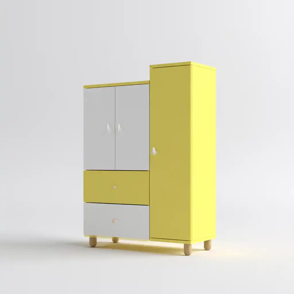 Armadio giallo e bianco con ante e cassetti inferiori