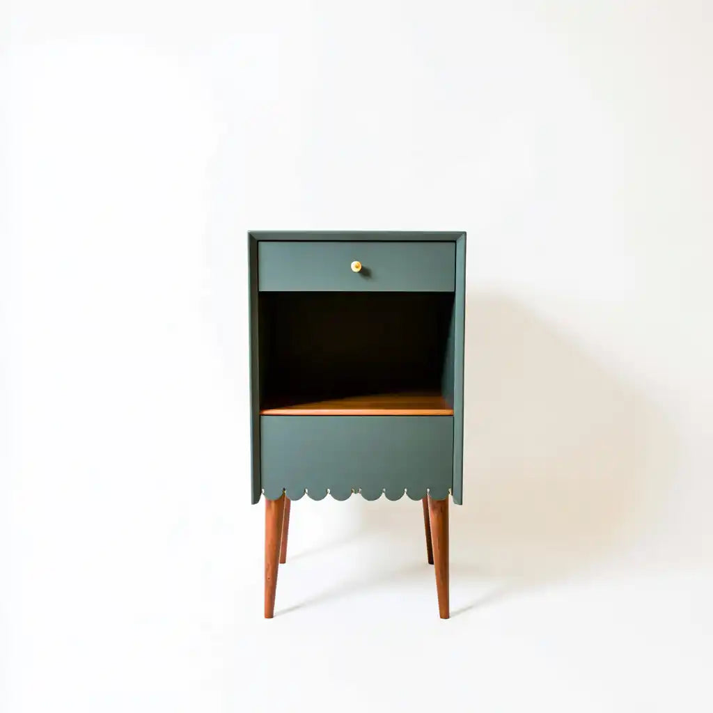 Comodino verde scuro con cassetto e bordo inferiore ondulato