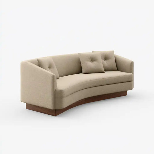 Divano beige curvo con braccioli dritti e base marrone