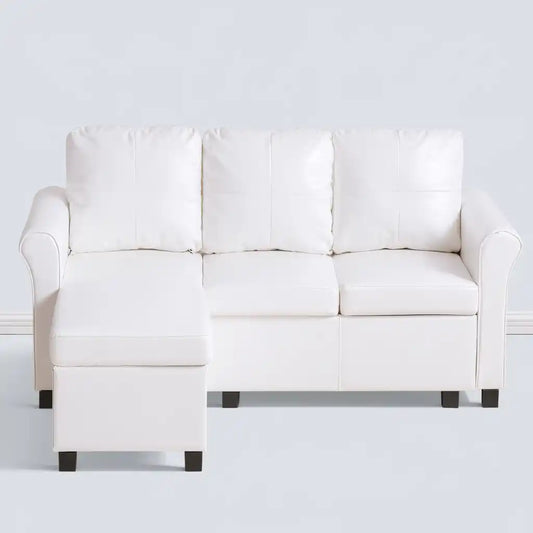 Divano bianco con pouf coordinato e braccioli arrotondati